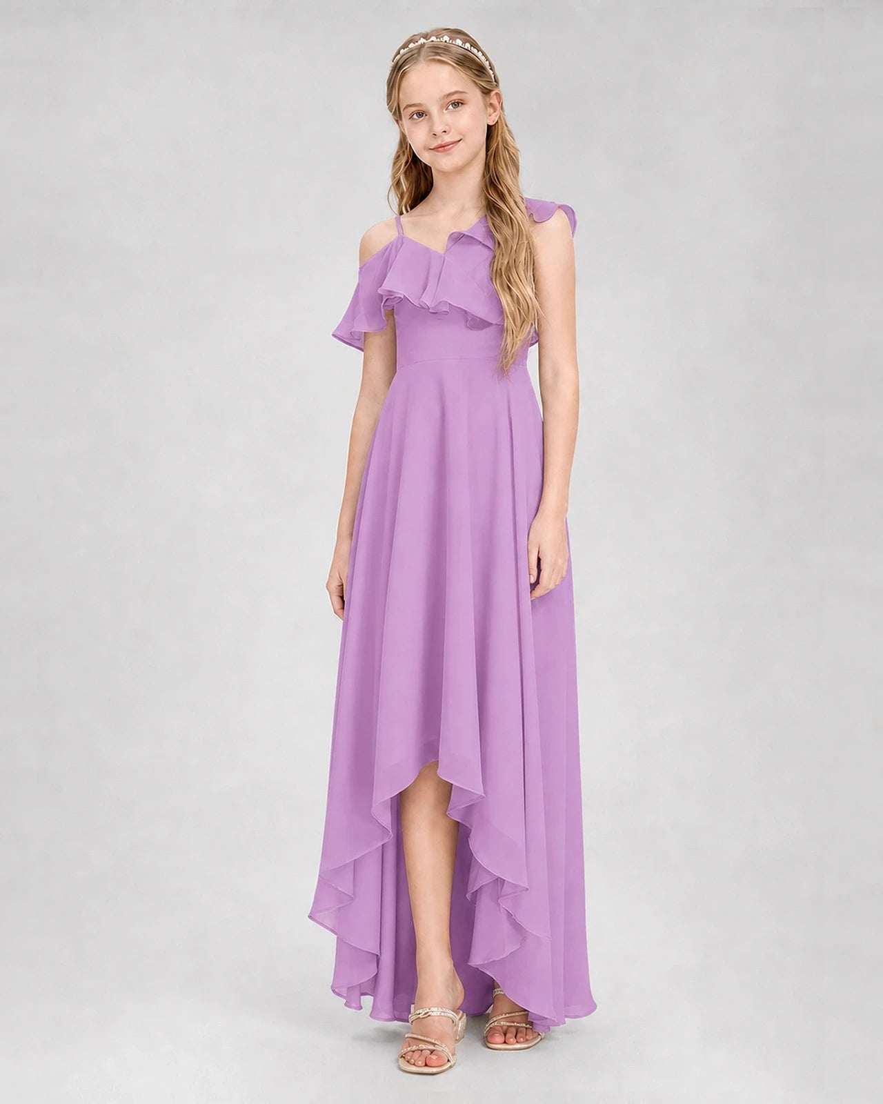Dideyttawl Cold Shoulder Ruffle High-Low Junior Bridesmaid Dress