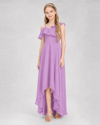 Dideyttawl Cold Shoulder Ruffle High-Low Junior Bridesmaid Dress