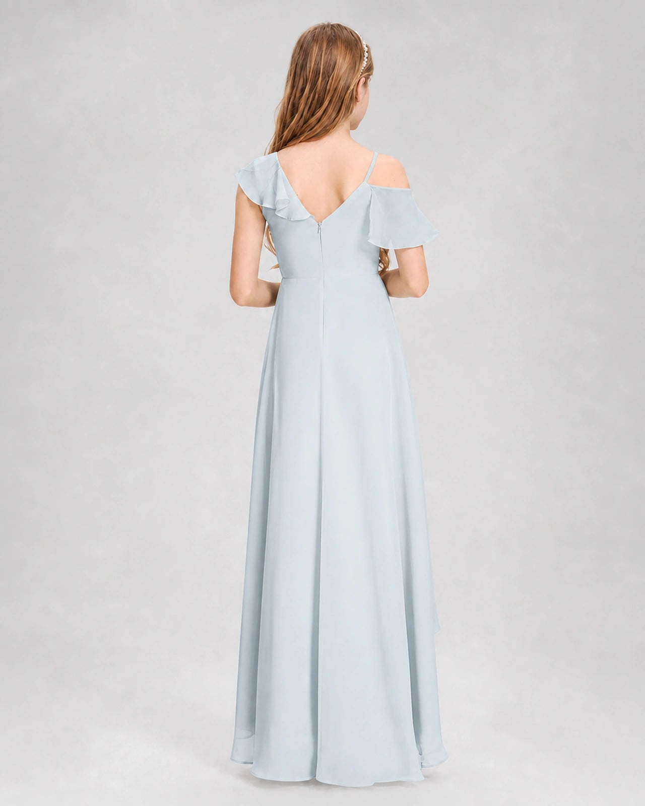 Dideyttawl Cold Shoulder Ruffle High-Low Junior Bridesmaid Dress