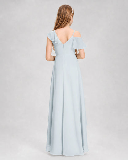 Dideyttawl Cold Shoulder Ruffle High-Low Junior Bridesmaid Dress