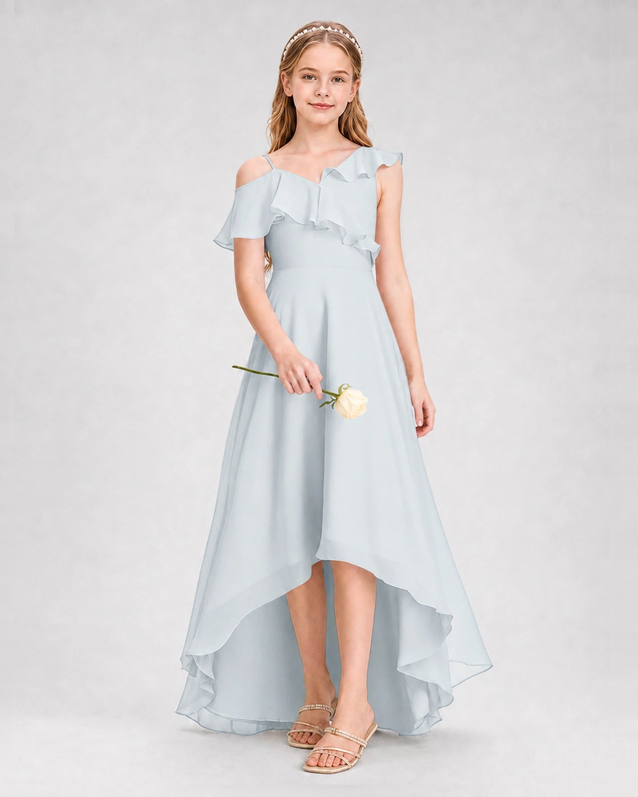Dideyttawl Cold Shoulder Ruffle High-Low Junior Bridesmaid Dress