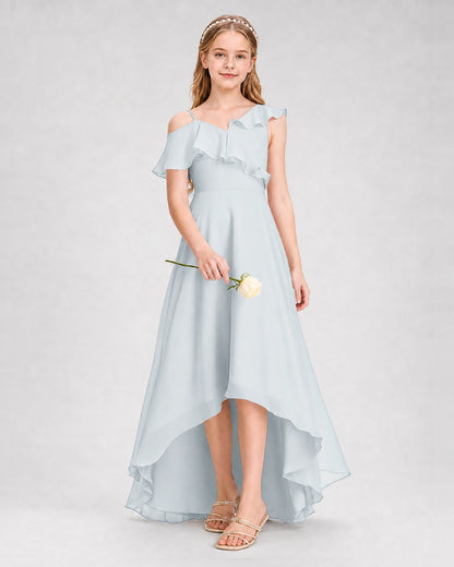 Dideyttawl Cold Shoulder Ruffle High-Low Junior Bridesmaid Dress