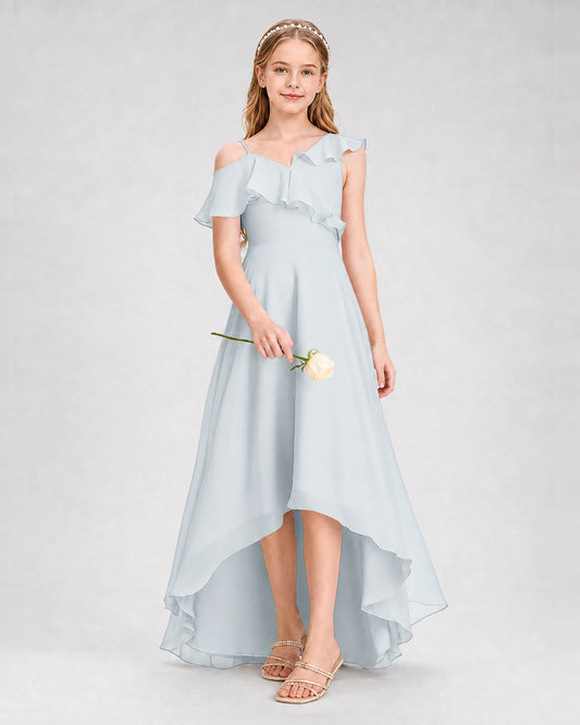 Mist Chiffon Ruffled High-Low Junior Bridesmaid Dresses Front View