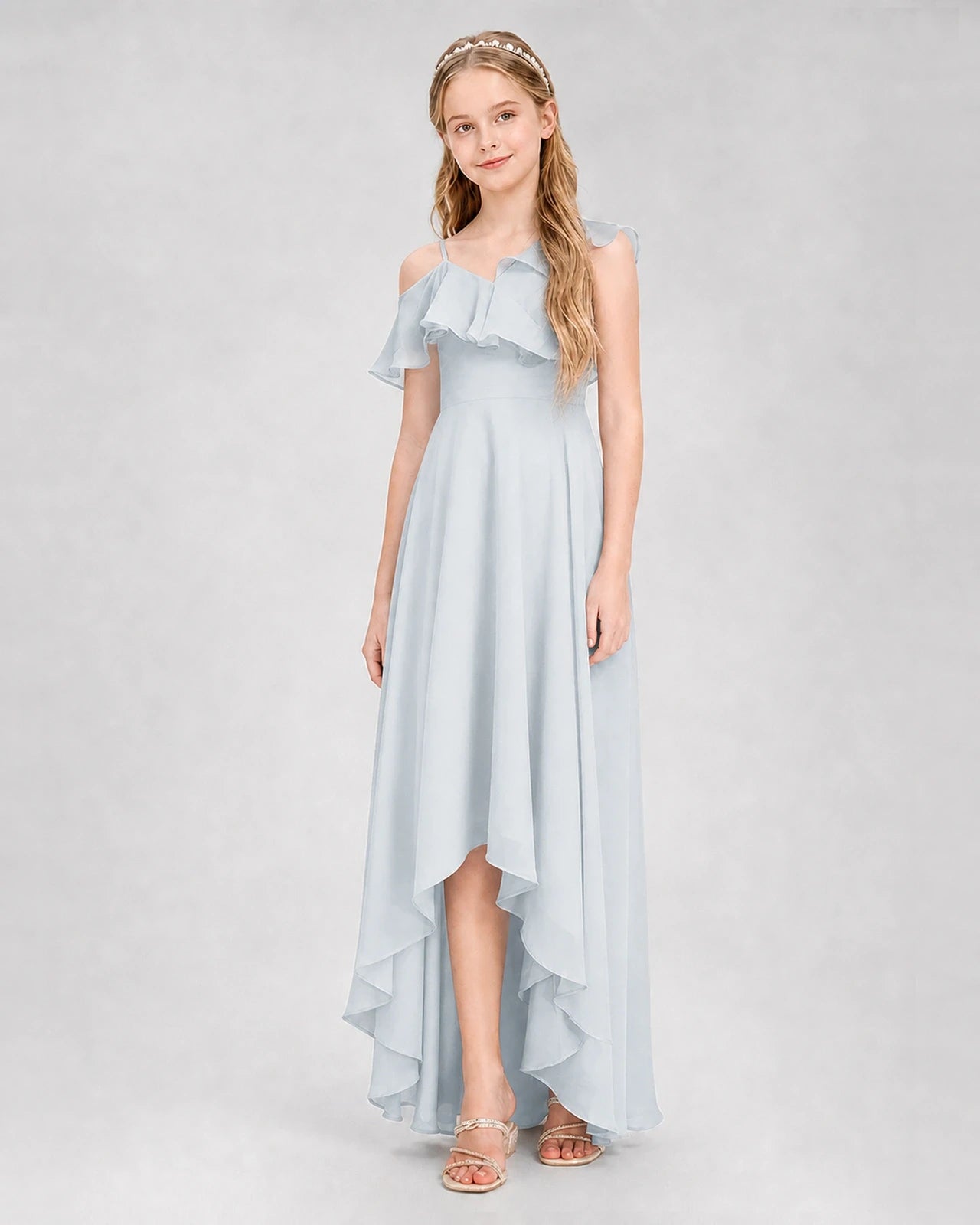 Dideyttawl Cold Shoulder Ruffle High-Low Junior Bridesmaid Dress
