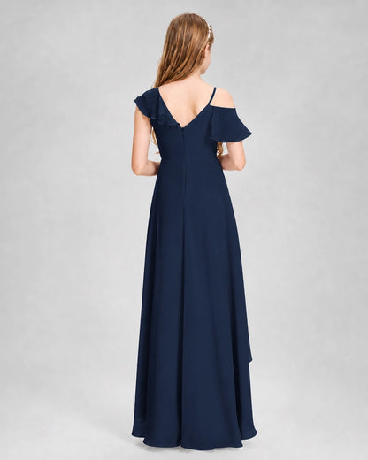 Dideyttawl Cold Shoulder Ruffle High-Low Junior Bridesmaid Dress