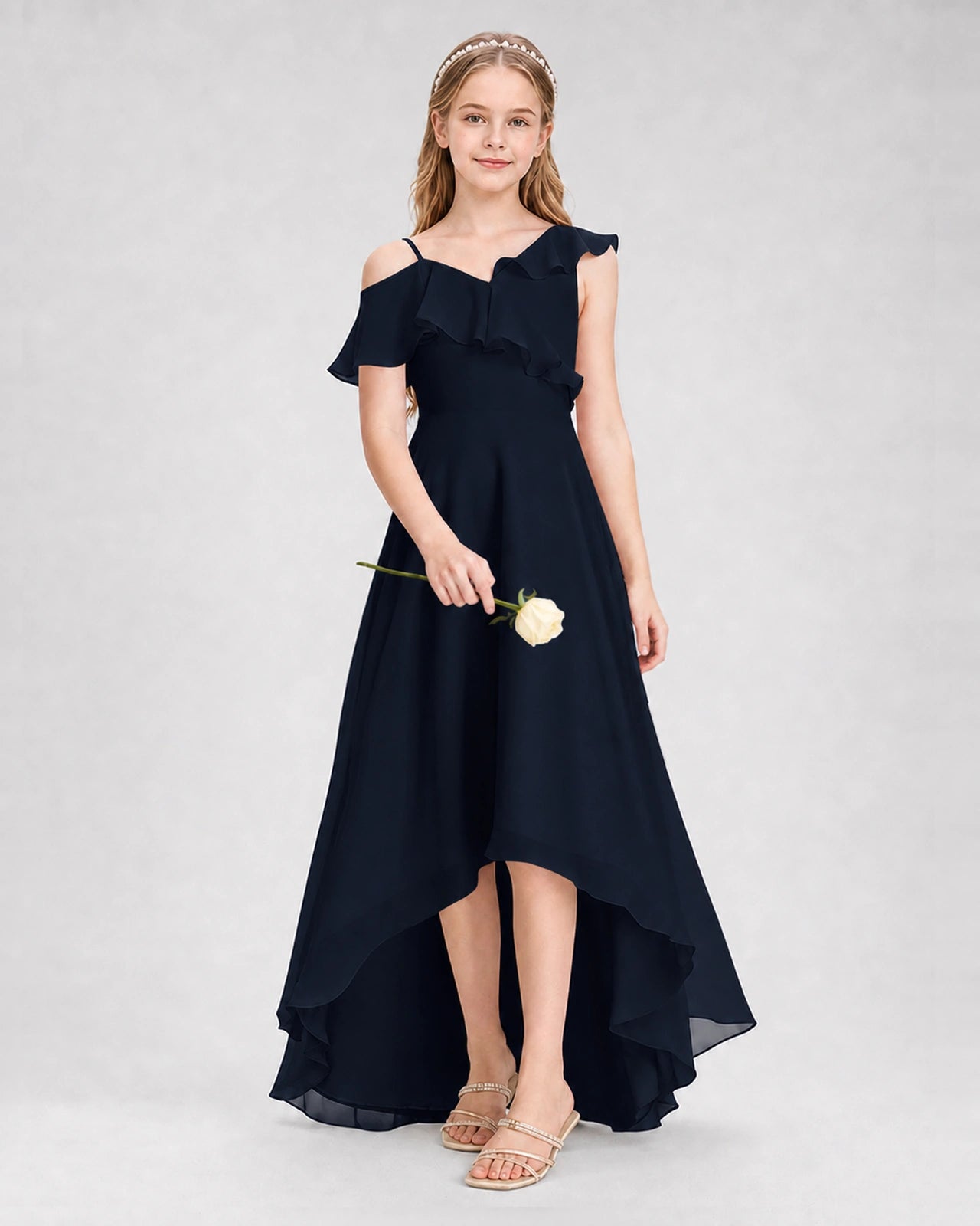 Dideyttawl Cold Shoulder Ruffle High-Low Junior Bridesmaid Dress