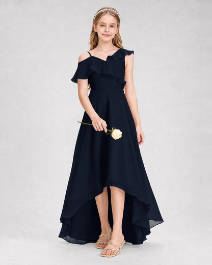 Dideyttawl Cold Shoulder Ruffle High-Low Junior Bridesmaid Dress