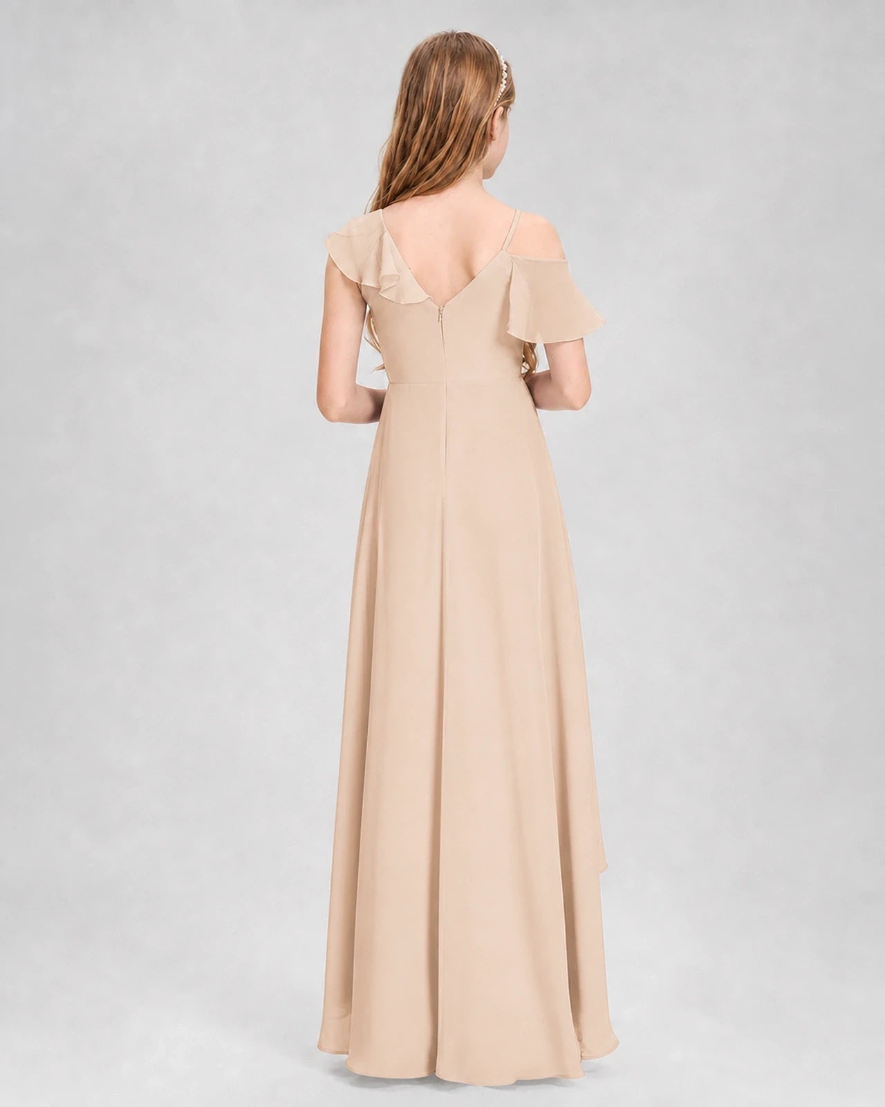 Dideyttawl Cold Shoulder Ruffle High-Low Junior Bridesmaid Dress