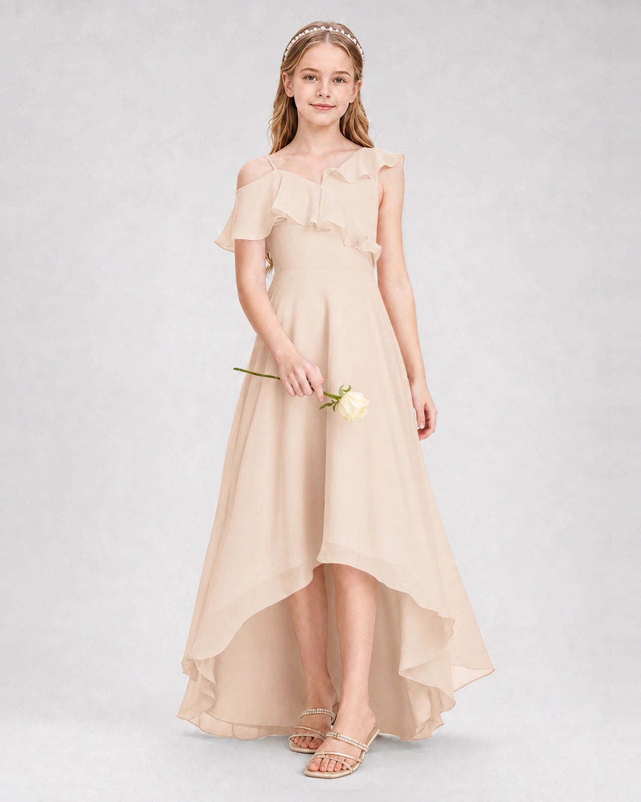 Dideyttawl Cold Shoulder Ruffle High-Low Junior Bridesmaid Dress