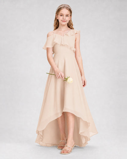 Dideyttawl Cold Shoulder Ruffle High-Low Junior Bridesmaid Dress