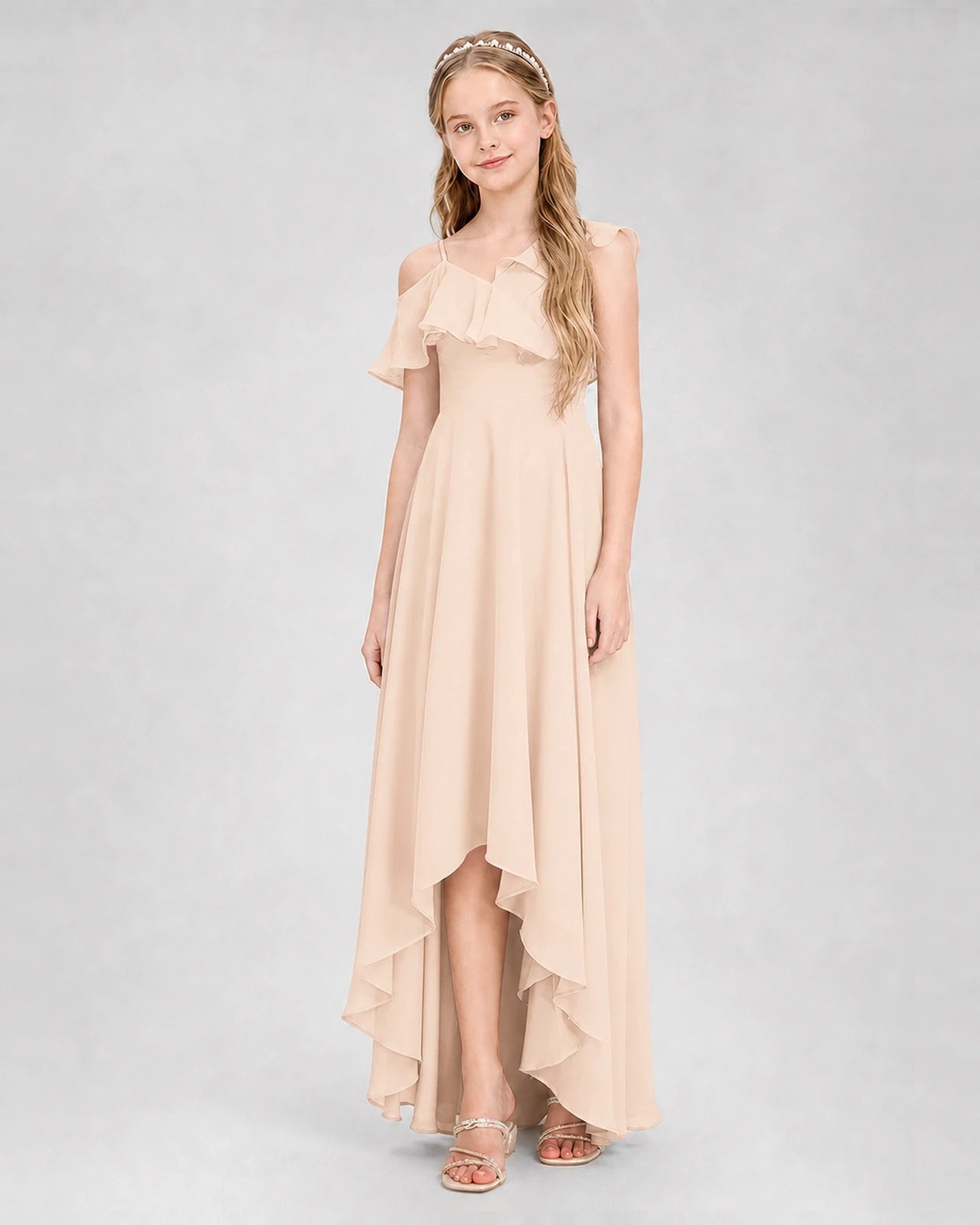 Dideyttawl Cold Shoulder Ruffle High-Low Junior Bridesmaid Dress