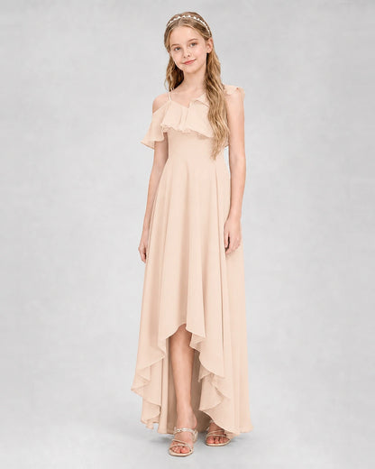 Dideyttawl Cold Shoulder Ruffle High-Low Junior Bridesmaid Dress