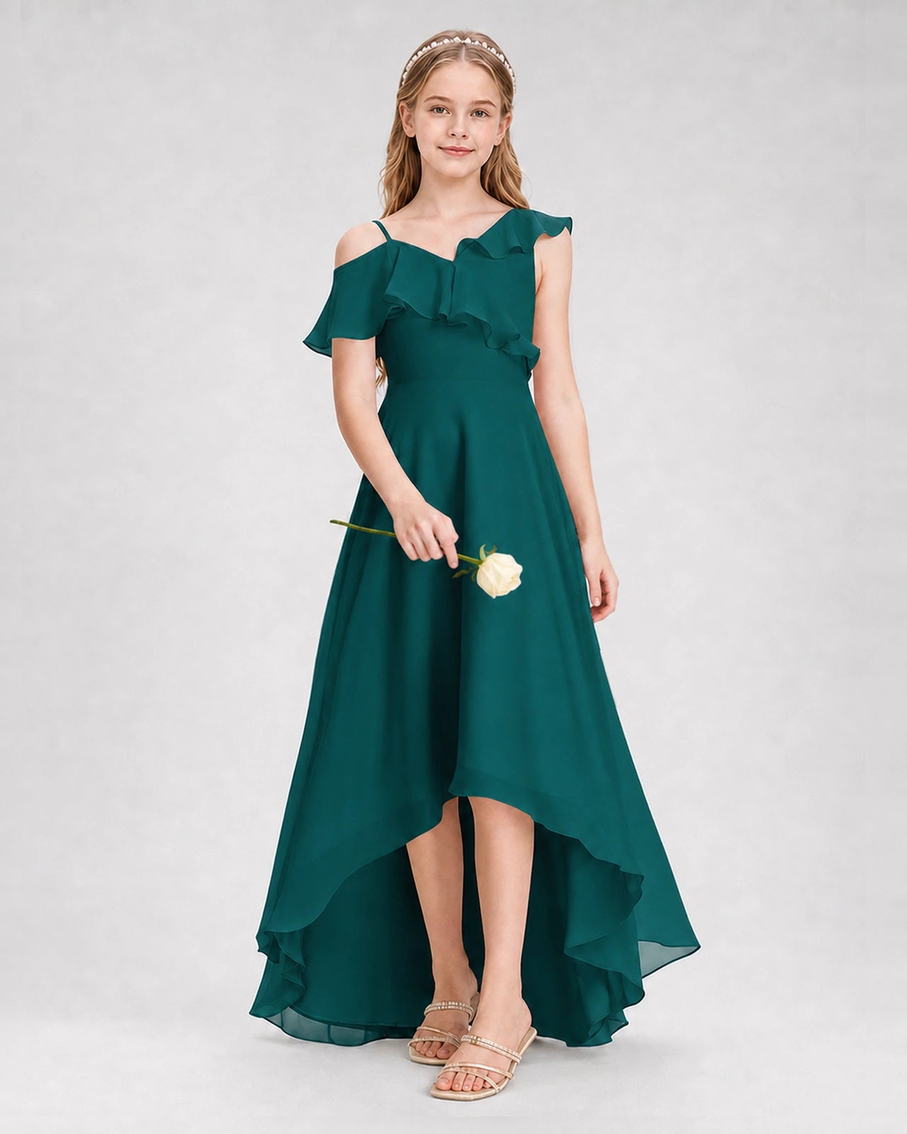 Dideyttawl Cold Shoulder Ruffle High-Low Junior Bridesmaid Dress