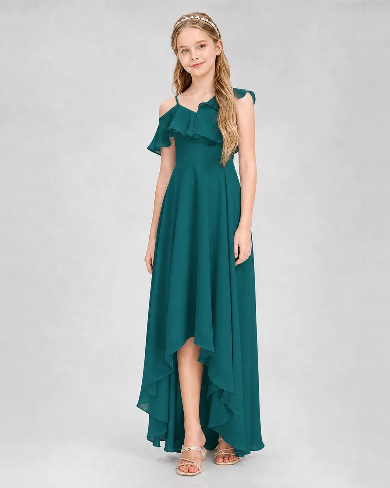 Dideyttawl Cold Shoulder Ruffle High-Low Junior Bridesmaid Dress