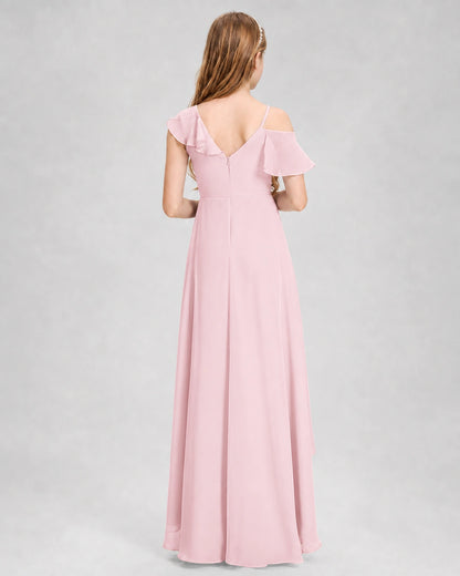 Dideyttawl Cold Shoulder Ruffle High-Low Junior Bridesmaid Dress