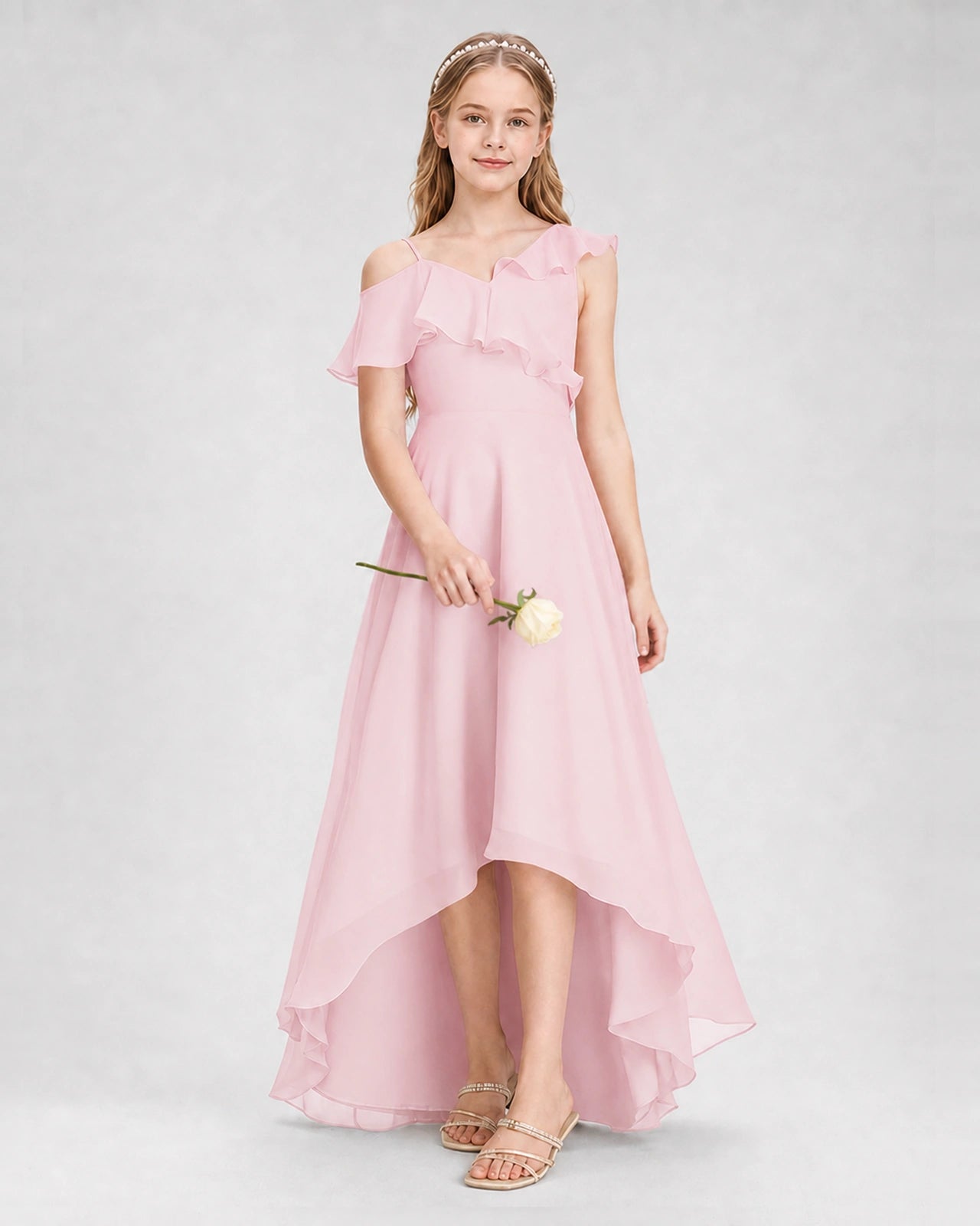 Pink Chiffon Ruffled Asymmetrical Junior Bridesmaid Dresses Front View