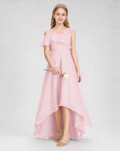 Dideyttawl Cold Shoulder Ruffle High-Low Junior Bridesmaid Dress