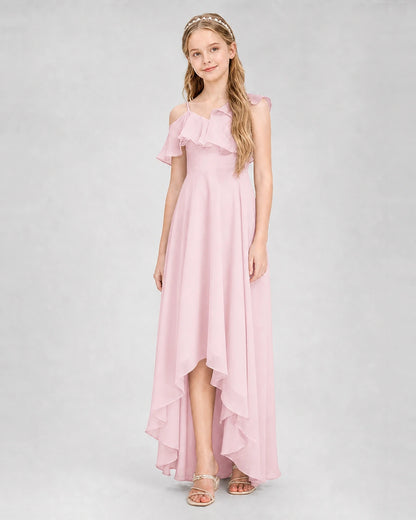 Dideyttawl Cold Shoulder Ruffle High-Low Junior Bridesmaid Dress
