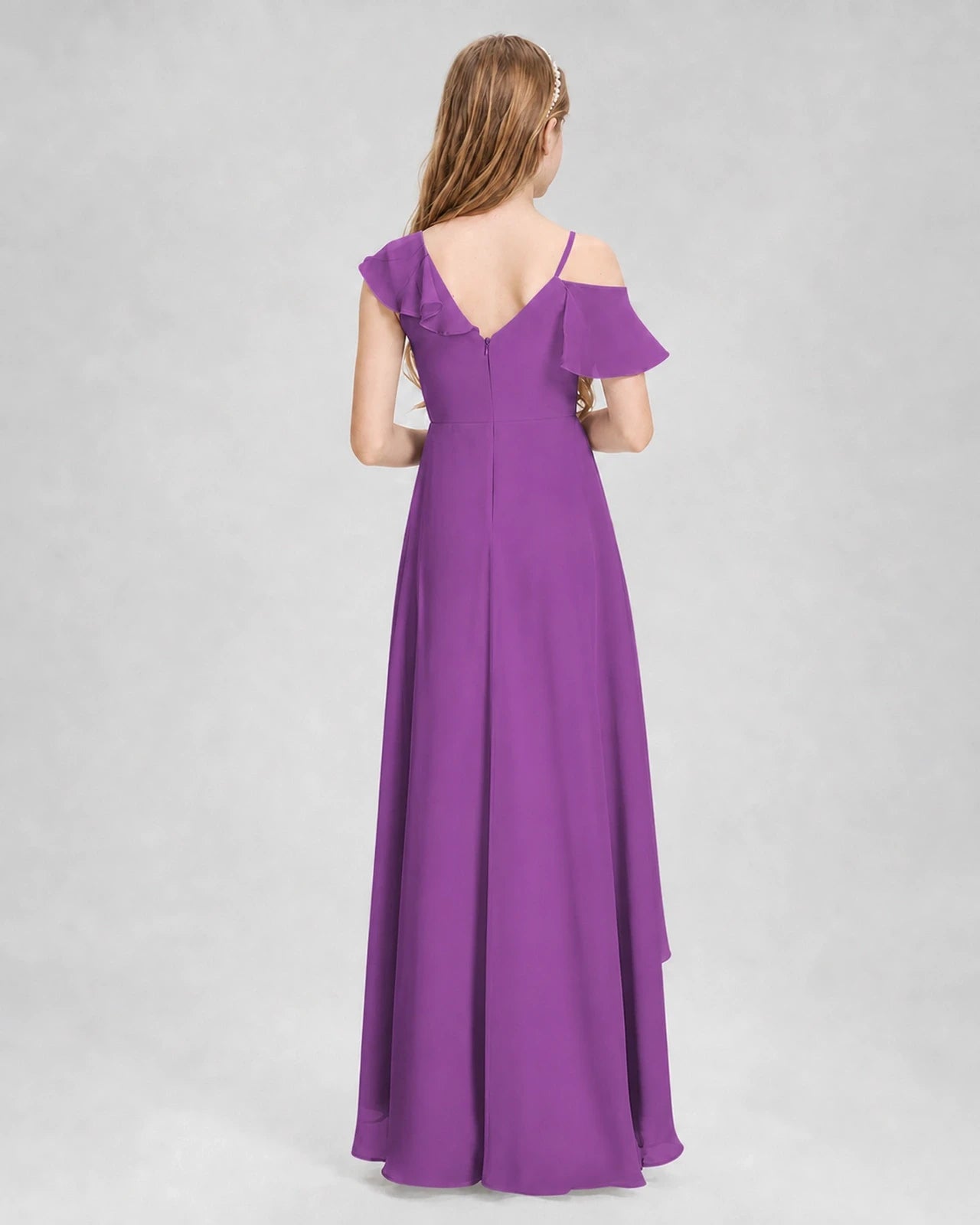 Dideyttawl Cold Shoulder Ruffle High-Low Junior Bridesmaid Dress