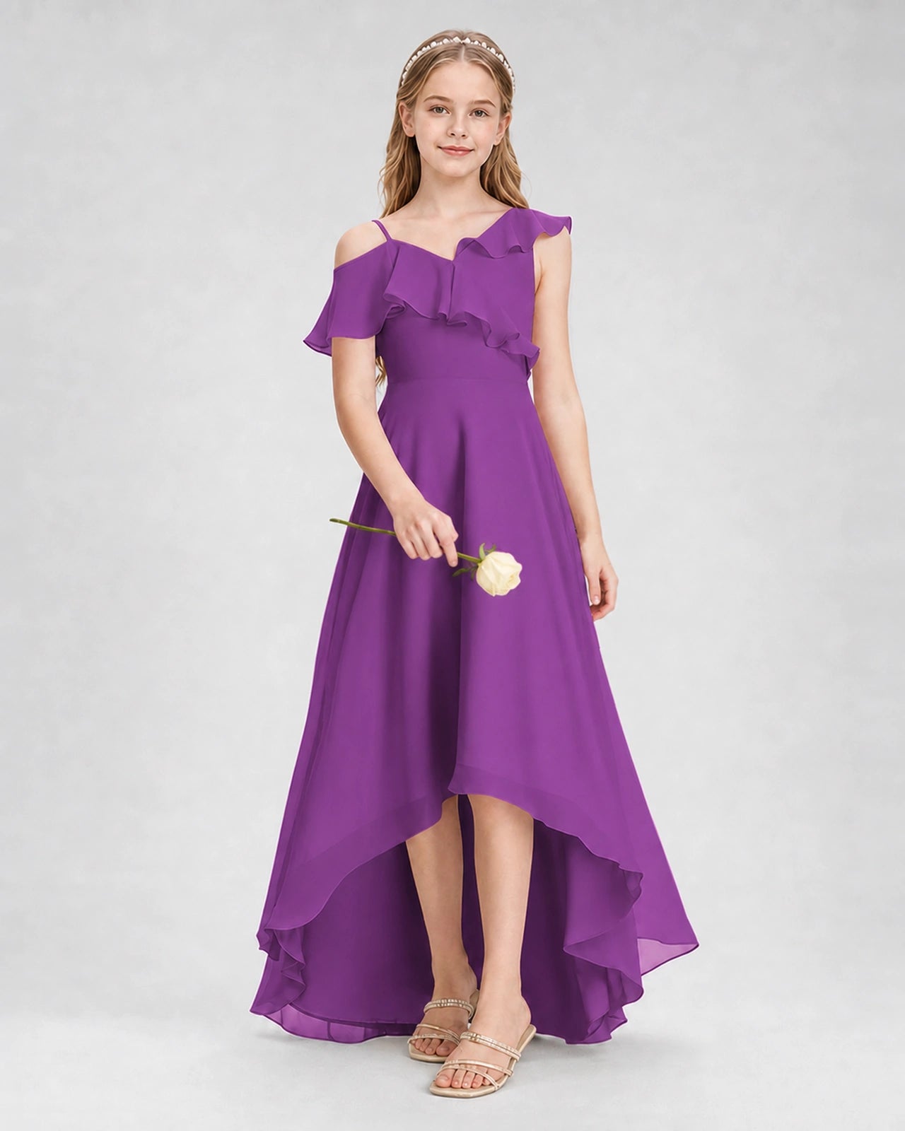Dideyttawl Cold Shoulder Ruffle High-Low Junior Bridesmaid Dress