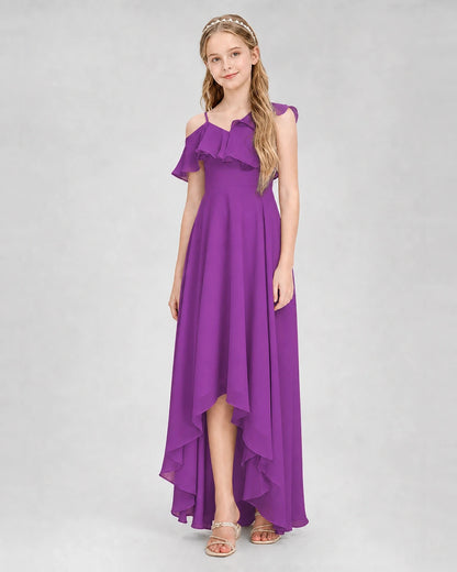 Dideyttawl Cold Shoulder Ruffle High-Low Junior Bridesmaid Dress