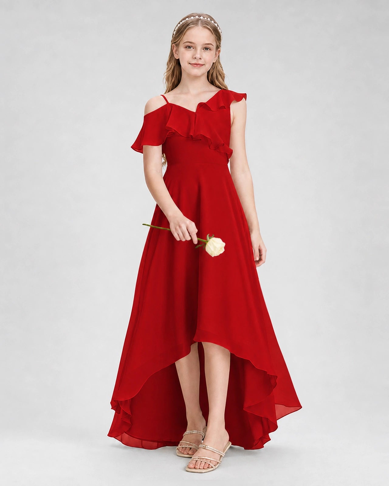 Dideyttawl Cold Shoulder Ruffle High-Low Junior Bridesmaid Dress