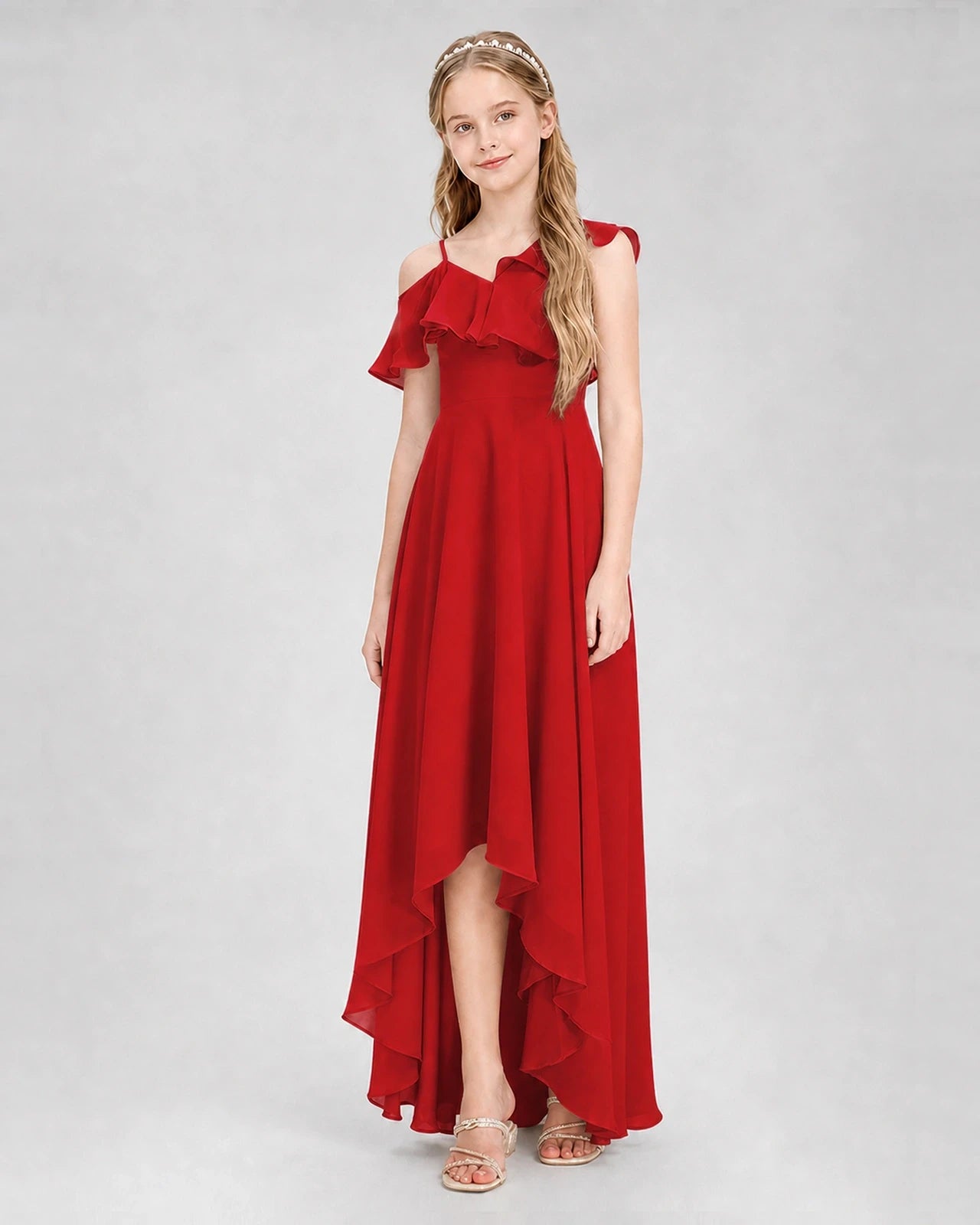 Dideyttawl Cold Shoulder Ruffle High-Low Junior Bridesmaid Dress