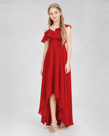 Dideyttawl Cold Shoulder Ruffle High-Low Junior Bridesmaid Dress