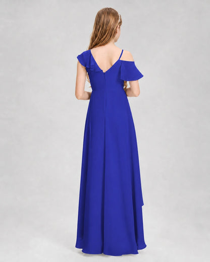 Dideyttawl Cold Shoulder Ruffle High-Low Junior Bridesmaid Dress
