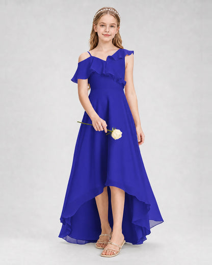 Dideyttawl Cold Shoulder Ruffle High-Low Junior Bridesmaid Dress