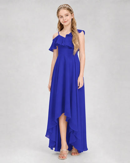 Dideyttawl Cold Shoulder Ruffle High-Low Junior Bridesmaid Dress