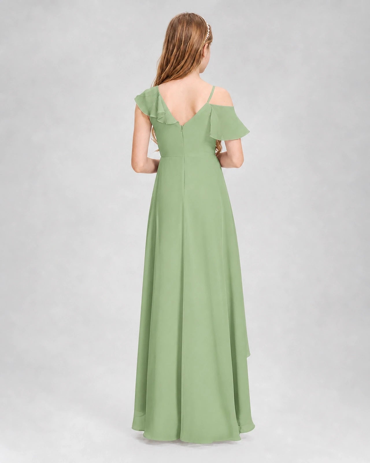 Dideyttawl Cold Shoulder Ruffle High-Low Junior Bridesmaid Dress