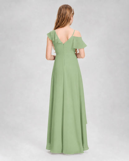 Dideyttawl Cold Shoulder Ruffle High-Low Junior Bridesmaid Dress