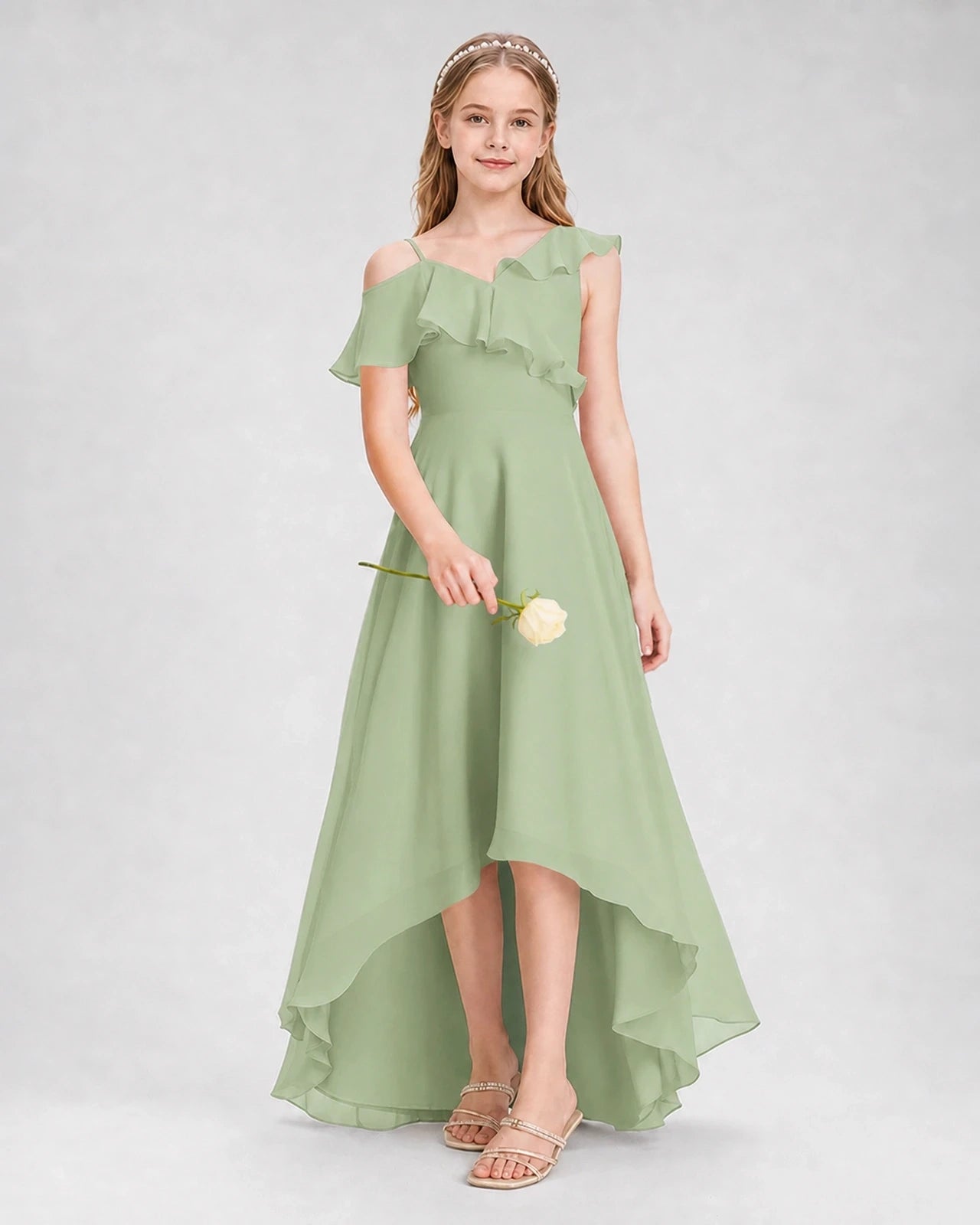 Dideyttawl Cold Shoulder Ruffle High-Low Junior Bridesmaid Dress