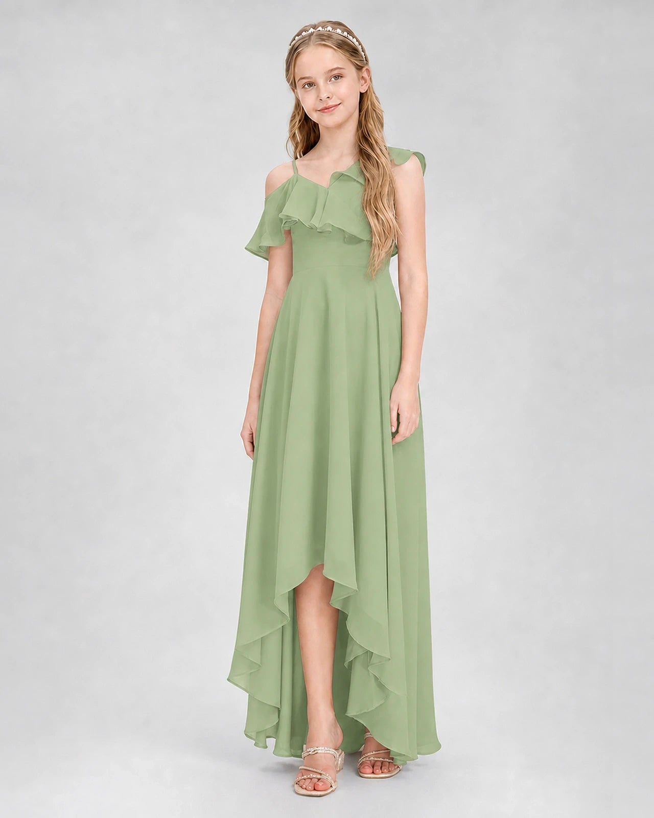 Dideyttawl Cold Shoulder Ruffle High-Low Junior Bridesmaid Dress