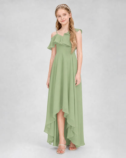 Dideyttawl Cold Shoulder Ruffle High-Low Junior Bridesmaid Dress