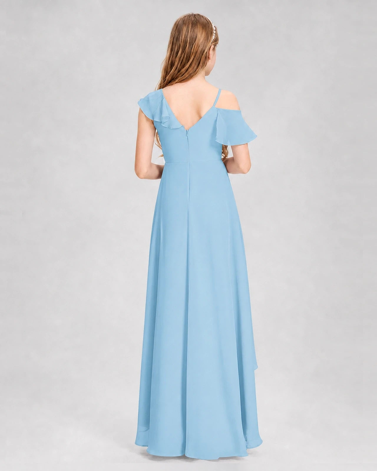 Dideyttawl Cold Shoulder Ruffle High-Low Junior Bridesmaid Dress