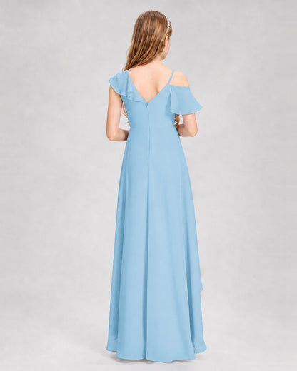 Dideyttawl Cold Shoulder Ruffle High-Low Junior Bridesmaid Dress