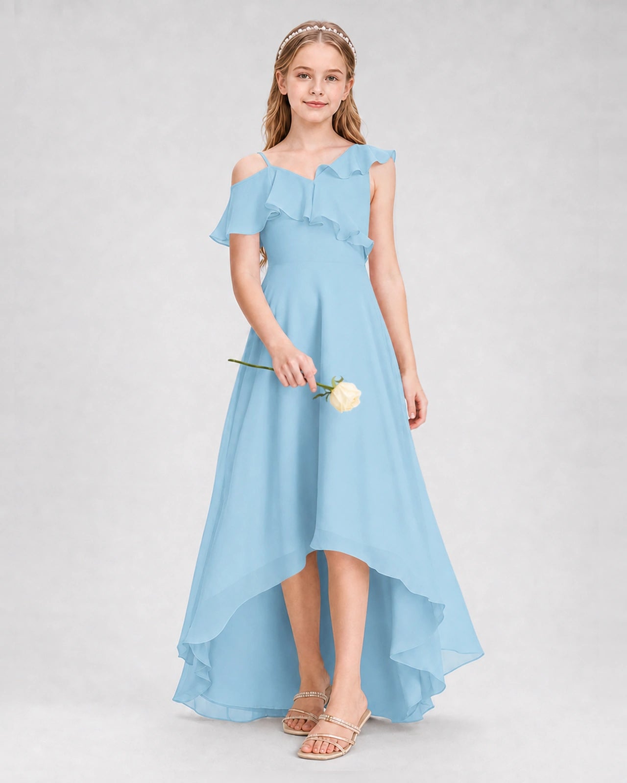 Dideyttawl Cold Shoulder Ruffle High-Low Junior Bridesmaid Dress