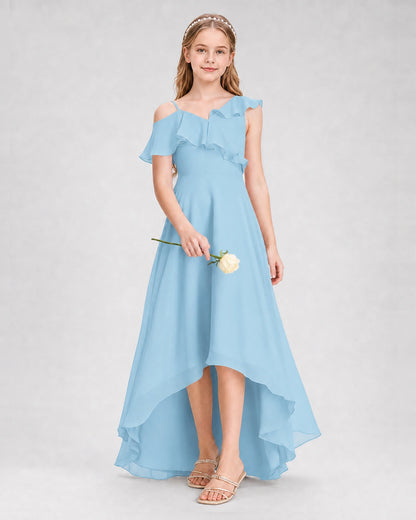 Dideyttawl Cold Shoulder Ruffle High-Low Junior Bridesmaid Dress