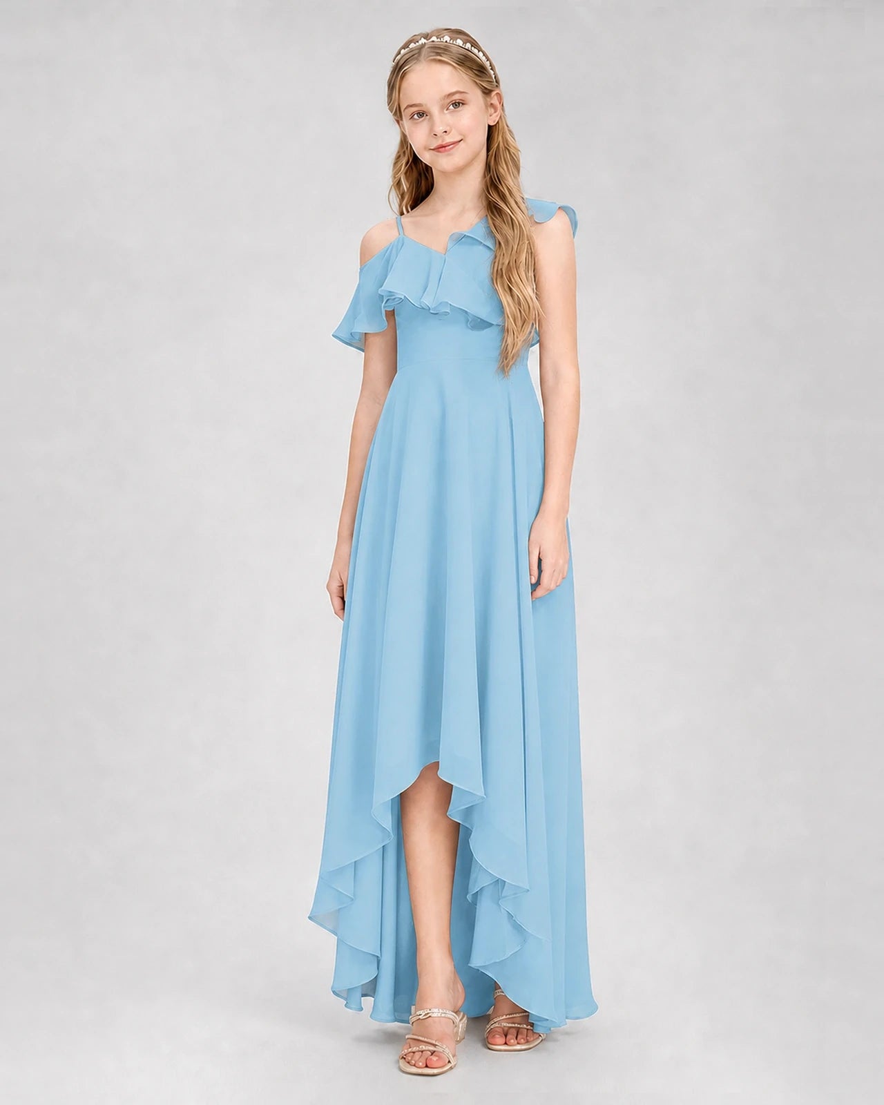 Dideyttawl Cold Shoulder Ruffle High-Low Junior Bridesmaid Dress