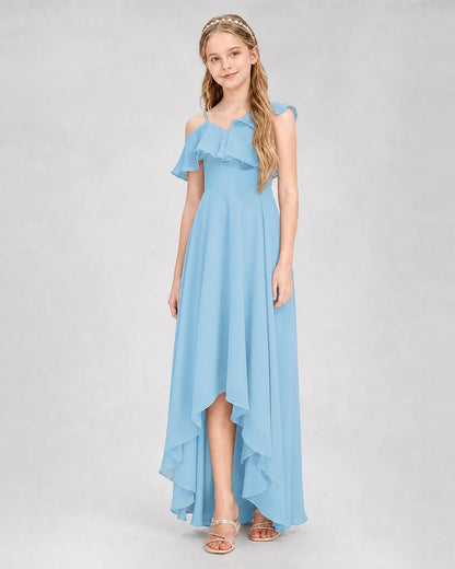 Dideyttawl Cold Shoulder Ruffle High-Low Junior Bridesmaid Dress