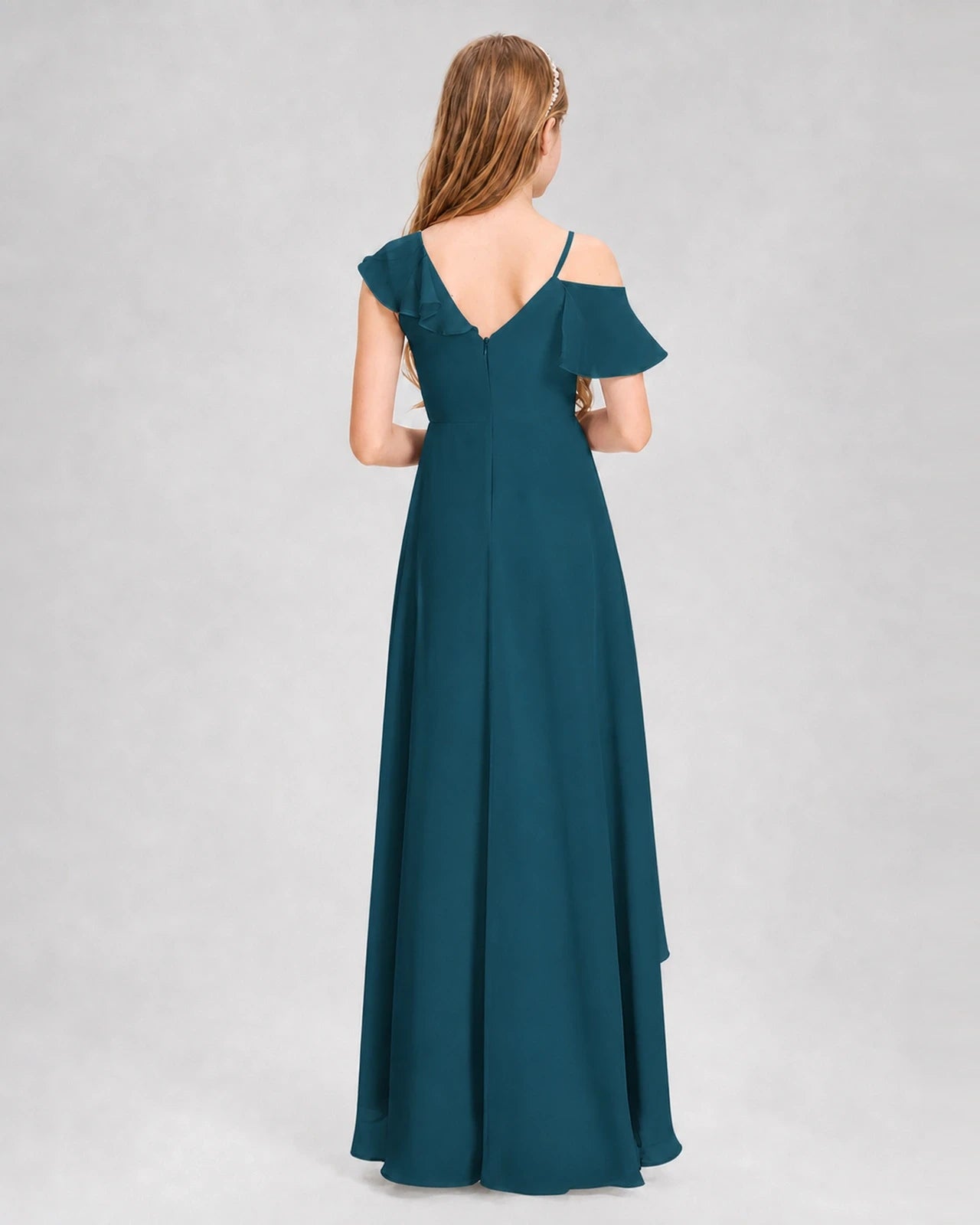 Dideyttawl Cold Shoulder Ruffle High-Low Junior Bridesmaid Dress