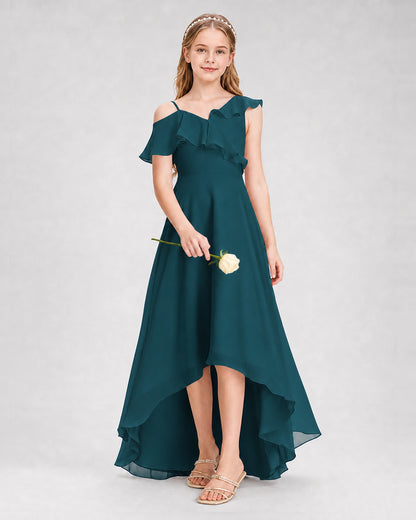 Dideyttawl Cold Shoulder Ruffle High-Low Junior Bridesmaid Dress