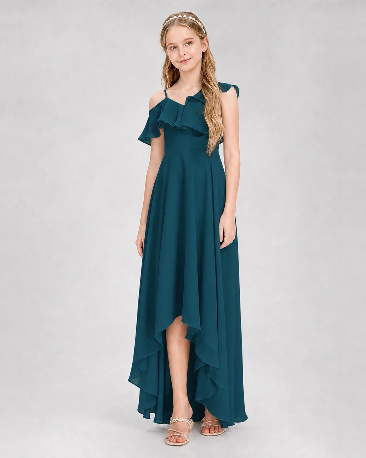 Dideyttawl Cold Shoulder Ruffle High-Low Junior Bridesmaid Dress