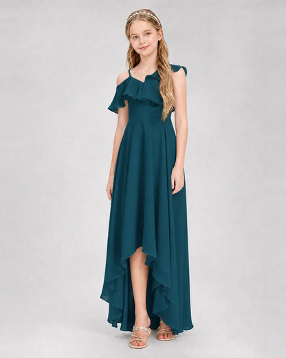 Dideyttawl Cold Shoulder Ruffle High-Low Junior Bridesmaid Dress