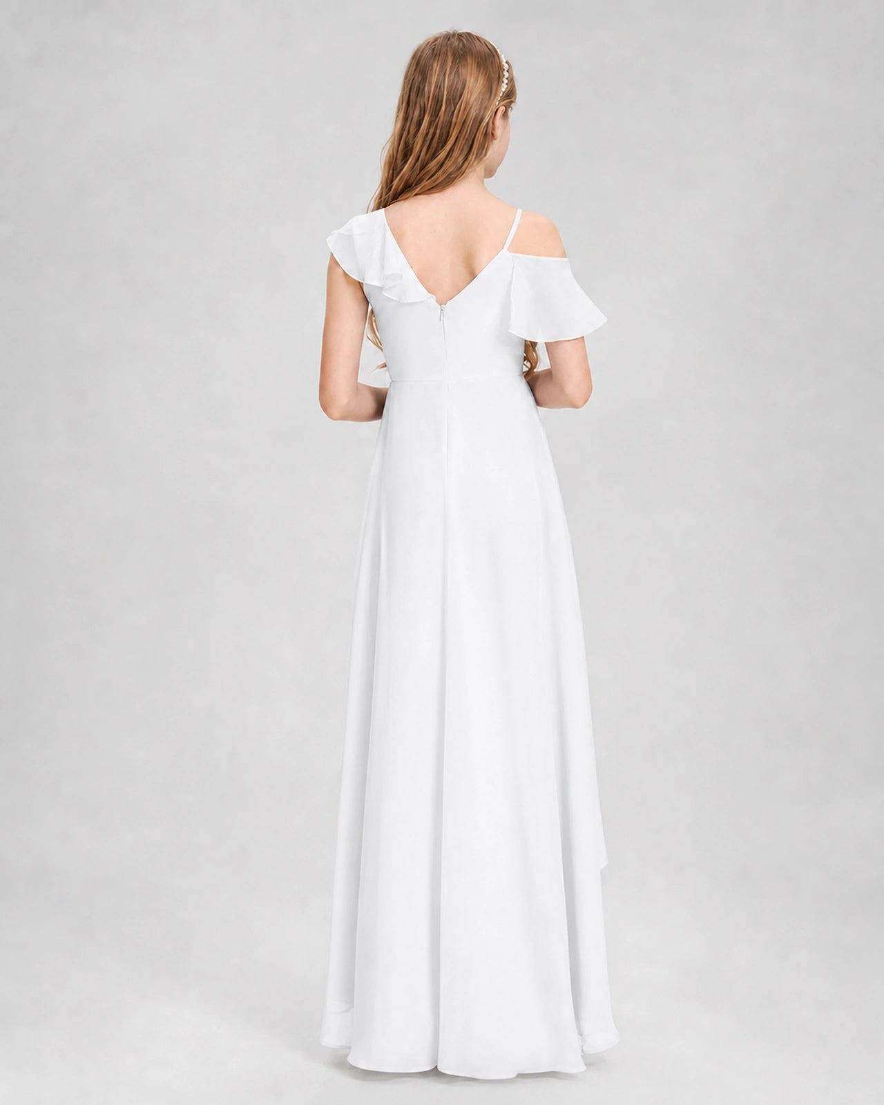 Dideyttawl Cold Shoulder Ruffle High-Low Junior Bridesmaid Dress