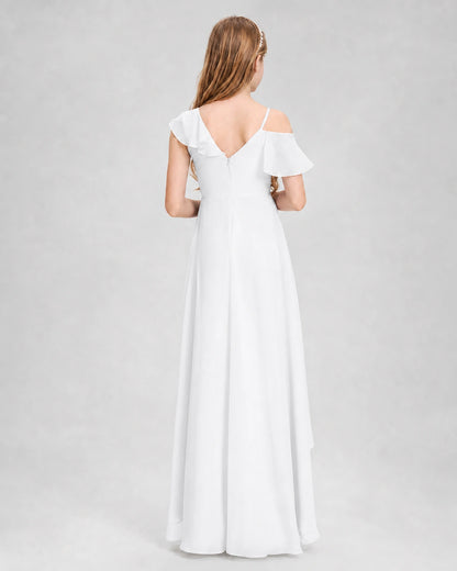 Dideyttawl Cold Shoulder Ruffle High-Low Junior Bridesmaid Dress