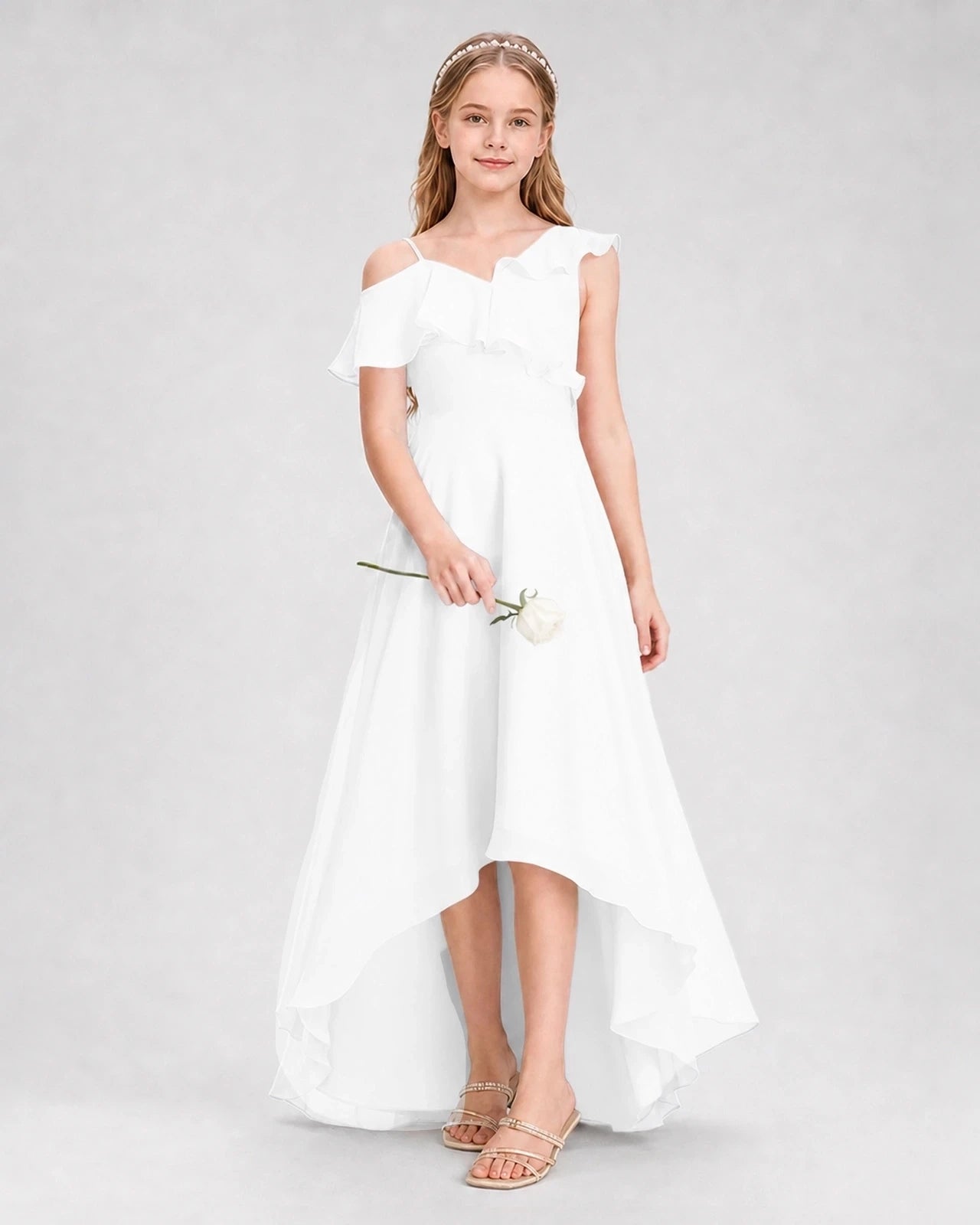 Dideyttawl Cold Shoulder Ruffle High-Low Junior Bridesmaid Dress