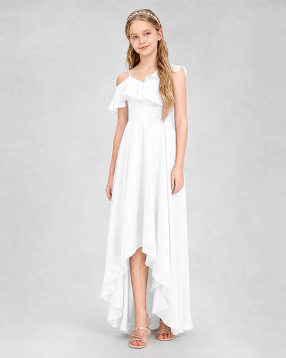 Dideyttawl Cold Shoulder Ruffle High-Low Junior Bridesmaid Dress
